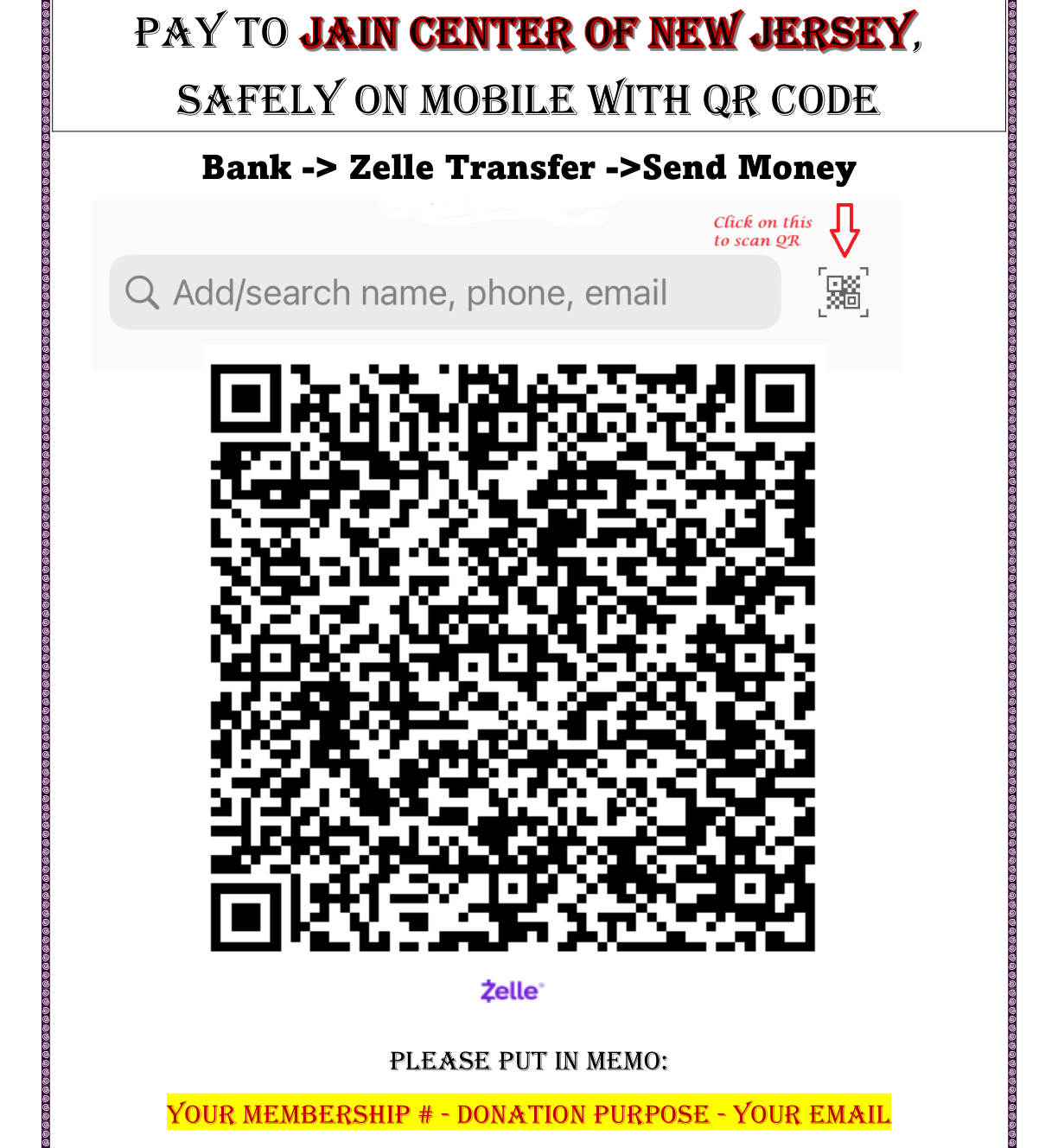 Finance QR Code - Pay to Jain Center of New Jersey via Zelle